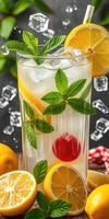Refreshing lemonade with mint and cherry garnished with ice on a summer day photo