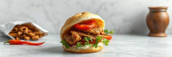 Juicy chicken sandwich topped with fresh vegetables on a marble countertop, perfect for a quick meal during any time of day photo