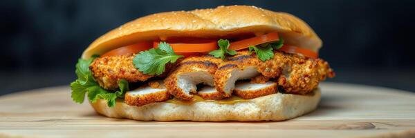 Grilled chicken sandwich with fresh vegetables served on a wooden platter photo