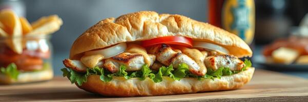 Delicious grilled chicken sandwich with fresh toppings served on wooden table photo