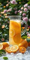 Refreshing citrus drink served in a pitcher surrounded by fresh oranges and blooming flowers in a garden setting photo