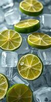 Fresh lime slices resting on clear ice cubes creating a refreshing summer vibe in cool setting photo