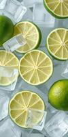 Fresh limes and ice cubes arranged creatively on a light background for a refreshing beverage photo