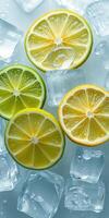 Fresh citrus slices on ice create a vibrant and refreshing visual for summer drinks photo