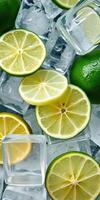 Freshly sliced lemons and limes on ice create a refreshing and vibrant display for summer beverages photo