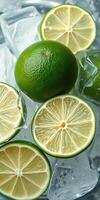 Freshly sliced limes resting on ice, highlighting their vibrant green color and juicy texture in a refreshing display photo