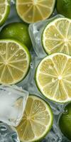 Freshly sliced limes on ice creating a vibrant and refreshing drink preparation setting photo