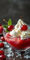 Deluxe cherry parfait features vibrant red jelly topped with whipped cream and cherries, perfect for any dessert lover's delight photo