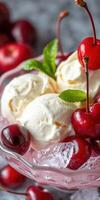 Delicious cherry and vanilla ice cream served in a glass bowl during summer photo