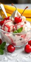 Delicious dessert featuring ice cream sundae topped with cherries, syrup, and mint leaves served in a glass bowl photo