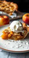 Freshly baked apple pie slice served with whipped cream on a plate with apples in the background photo