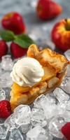 Delicious apple pie slice topped with whipped cream surrounded by fresh fruits and ice photo