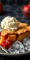Delicious apple pie with a scoop of creamy ice cream and maraschino cherries on a plate photo