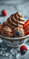 Decadent chocolate swirl ice cream topped with fresh berries and chocolate sauce at a dessert bar photo