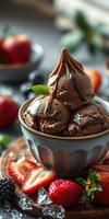Indulgent chocolate ice cream served with fresh berries and mint on a wooden table photo