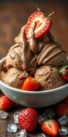 Delicious chocolate ice cream topped with fresh strawberries and drizzled with sauce in a bowl with ice photo