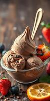 Chocolate ice cream served in a glass bowl with strawberries and blueberries on a wooden table photo