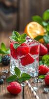 Refreshing summer cocktail featuring fresh raspberries, mint leaves, and citrus slices on wooden table photo