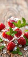 Fresh raspberries and mint leaves arranged beautifully with ice cubes on a rustic wooden surface photo