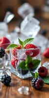 Refreshing summer cocktail with fresh berries and mint in a clear glass filled with ice photo