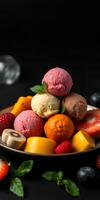 Colorful ice cream and fresh fruit dessert served in a bowl on a dark background photo