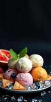 Colorful assortment of ice cream scoops served with fresh fruit garnishes on a plate photo