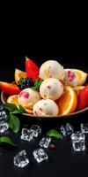 Colorful ice cream scoops arranged on a plate with fresh fruit and ice on a dark background photo