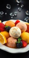 Colorful fruit and ice cream dessert served in a white bowl with fresh berries and citrus slices photo