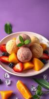 Delightful ice cream scoops served with fresh fruits on a purple background photo