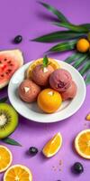 Delightful dessert with colorful ice cream scoops and fresh fruit on a vibrant purple backdrop photo