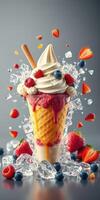 Colorful ice cream cone topped with fresh berries and surrounded by ice cubes in an artistic display photo