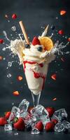 Delicious ice cream sundae topped with fresh fruits and splashing syrup in a creative dessert display photo