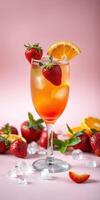 Refreshing summer cocktail with strawberries and orange garnishes presented against a pastel pink background photo