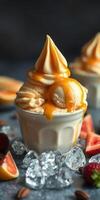 Delicious dessert featuring creamy caramel ice cream topped with whipped cream and fresh strawberries photo