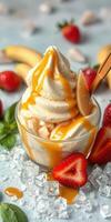 Delicious frozen dessert topped with caramel sauce, fresh strawberries, and bananas on a light blue background photo