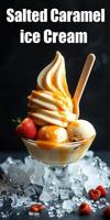Salted caramel ice cream topped with fresh strawberries served in a dessert bowl on a table photo