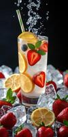 Refreshing fruit-infused drink with strawberries and lemons served over ice in dark setting photo