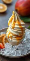 Delicious soft serve ice cream topped with caramel and served on ice with fresh fruit slices photo