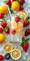 Refreshing summer drink with fresh strawberries and lemons set on ice photo