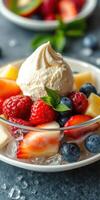 Fresh fruit salad with vanilla ice cream served in a bowl, showcasing vibrant colors and textures photo