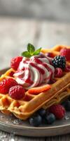 Delightful dessert featuring waffles topped with berries and whipped cream served on a rustic wooden table photo