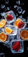 Refreshing cocktail with strawberries and oranges in ice cubes on a dark background photo