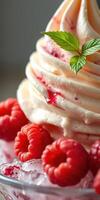 Enticing raspberry dessert topped with creamy swirl and fresh mint in a cozy setting photo