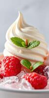 Creamy whipped dessert topped with fresh raspberries and mint leaves on crushed ice photo