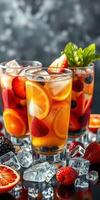 refrescante verano bebidas con bayas y agrios servido terminado hielo en claro lentes foto