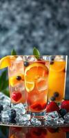 Refreshing summer cocktails with vibrant fruits and ice at a sunny outdoor gathering photo