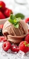 Delicious chocolate ice cream served with fresh berries and mint leaves on crushed ice at a summer gathering photo