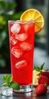 Refreshing summer drink with ice and lemon slice enjoyed on a sunny day photo
