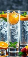 Refreshing summer drink with citrus and mint served in tall glasses with ice photo
