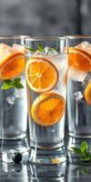 Refreshing citrus beverages with orange slices and mint served in tall glasses on a stylish tabletop photo